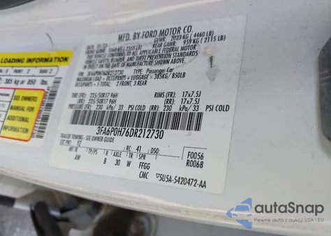 2013 Ford Fusion Se z USA, uszkodzony, nr VIN 3FA6P0H76DR212730